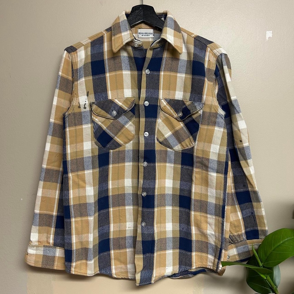 Vintage 70s Oshkosh B'Gosh Yellow Navy Plaid Flannel Button Up Shirt Mens M USA